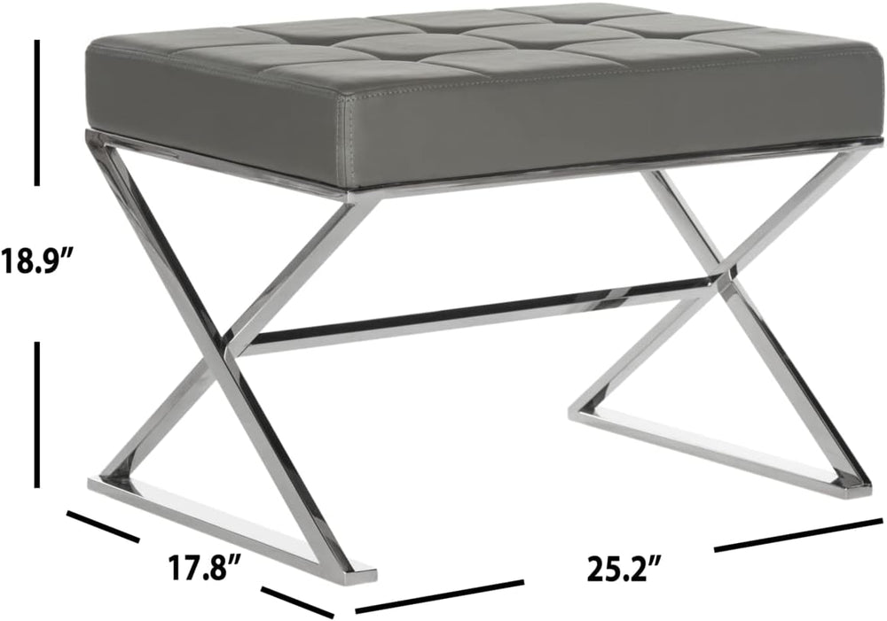 Safavieh Home Collection Micha Modern Glam Cream Tufted and Silver Steel Ottoman