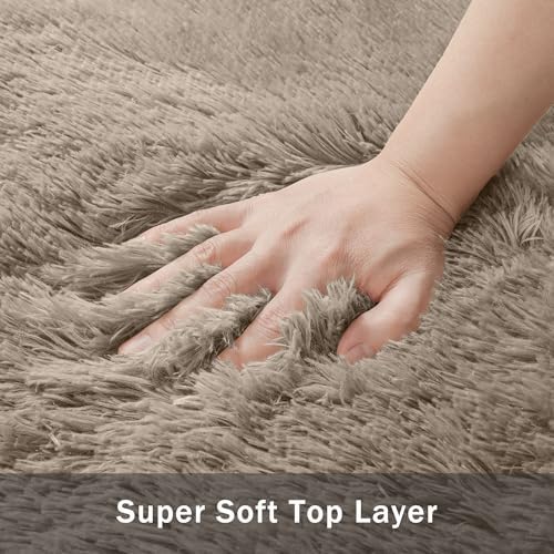8x10 Area Rug for Living Room,Grey Camel Fluffy Shag Non-Slip Bedroom Rugs