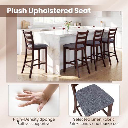 COSTWAY Set of 2 Counter Height Bar Stools with Solid Rubber Wood Frame