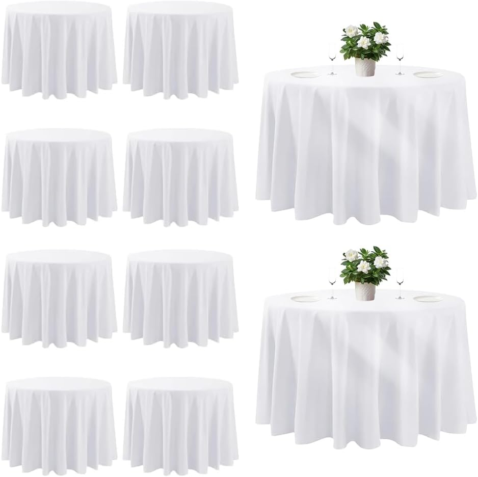 Cuckan 120 Inch Round Tablecloth, 10 Pack White Stain Resistant and Wrinkle-F...