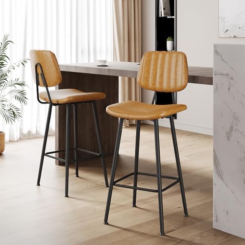 Raynesys 29-Inch Leather Bar Stools Set of 3 with High Backrest, Brown
