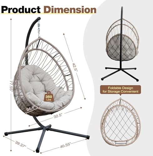 Upgraded Core-Spun Polyester Rope Hanging Egg Chair w/Stand, Foldable Swing S...