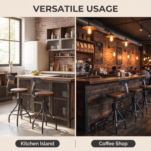 LOKKHAN Set of 2 Rustic Industrial Bar Stool-24-30 Adjustable Metal Swivel Wo...