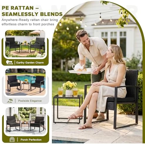 Flamaker 3 Pieces Patio Furniture Set Outdoor Wicker Bistro Chair (Black)