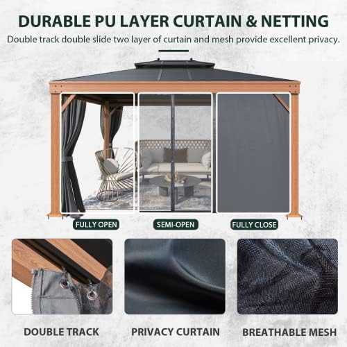 YOLENY 10' x 13' Hardtop Gazebo Faux Wood Grain with Aluminum Frame, ...