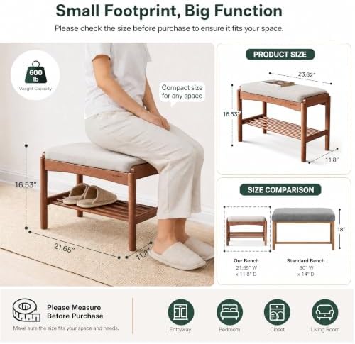 Solid Wood Shoe Bench, 24 Inch Entryway Bench with Light Gray Cushion