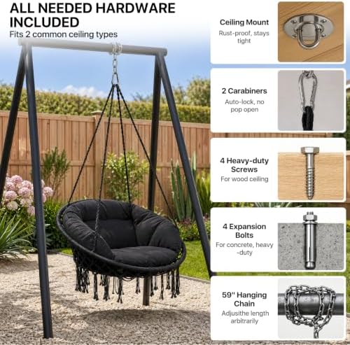 Athena Collection Hammock Chair with Hardware Kit & Cozy Cushion, Black