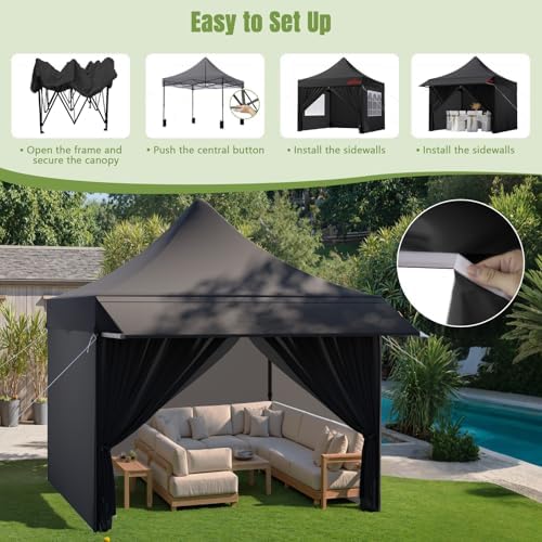 10x10 Heavy Duty Pop Up Canopy Tent with Awning and Sidewalls, Black