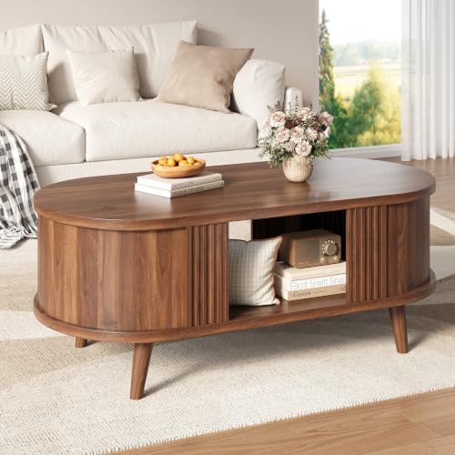 47.2" Oval Fluted Coffee Table with Storage, Fluted Mid-Century, Walnut