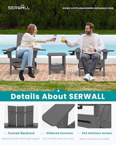 SERWALL Modern Folding Adirondack Chairs Set of 4, HDPE, Cup Holders, Gray