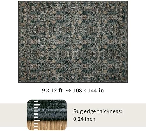 Vintage Botanical Area Rug 9x12: Floral Carpet Non-Slip - Dark Green