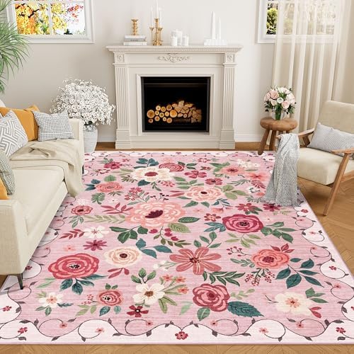 DUKINO 5x7 Area Rugs, Floral Washable Rug for Living Room Non Slip, Pink