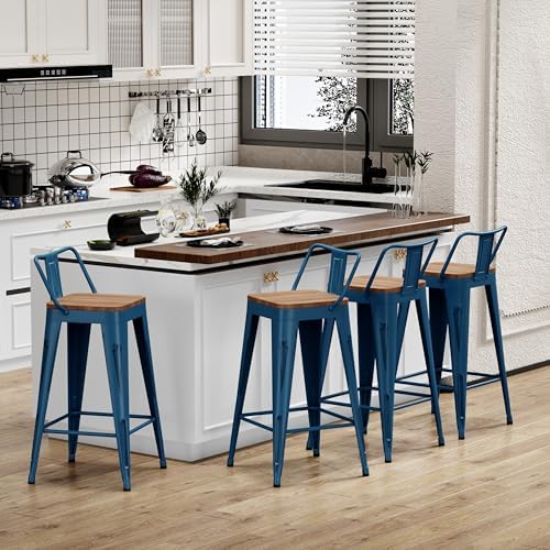 26" Barstools Set of 4 Counter Height Bar Stools Side Chair-Distressed Navy