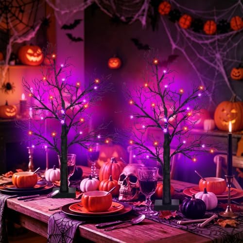 2 Pack 24 Inch Spooky Black Halloween Tree Decorations for Indoor Home Table,...