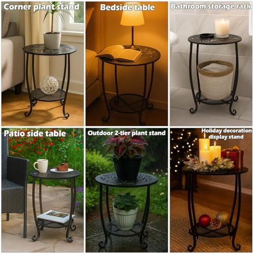 2-Tier Metal Round Side Table Set of Two Black Accent Coffee Tables Small Spa...