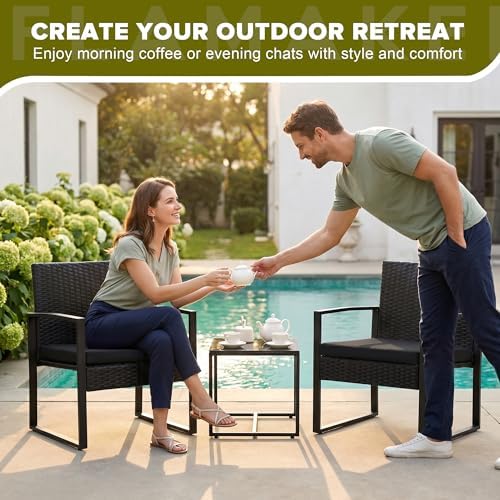 Flamaker 3 Pieces Patio Furniture Set Outdoor Wicker Bistro Chair (Black)