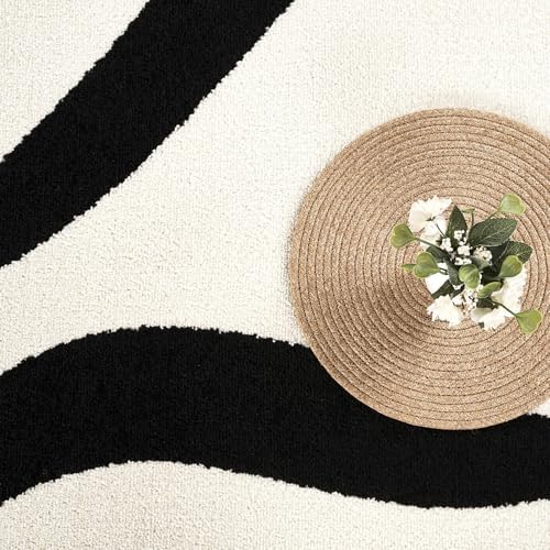 Abani Black and Cream Area Rug | 9' x 12' White Abstract Swirl Wave C...