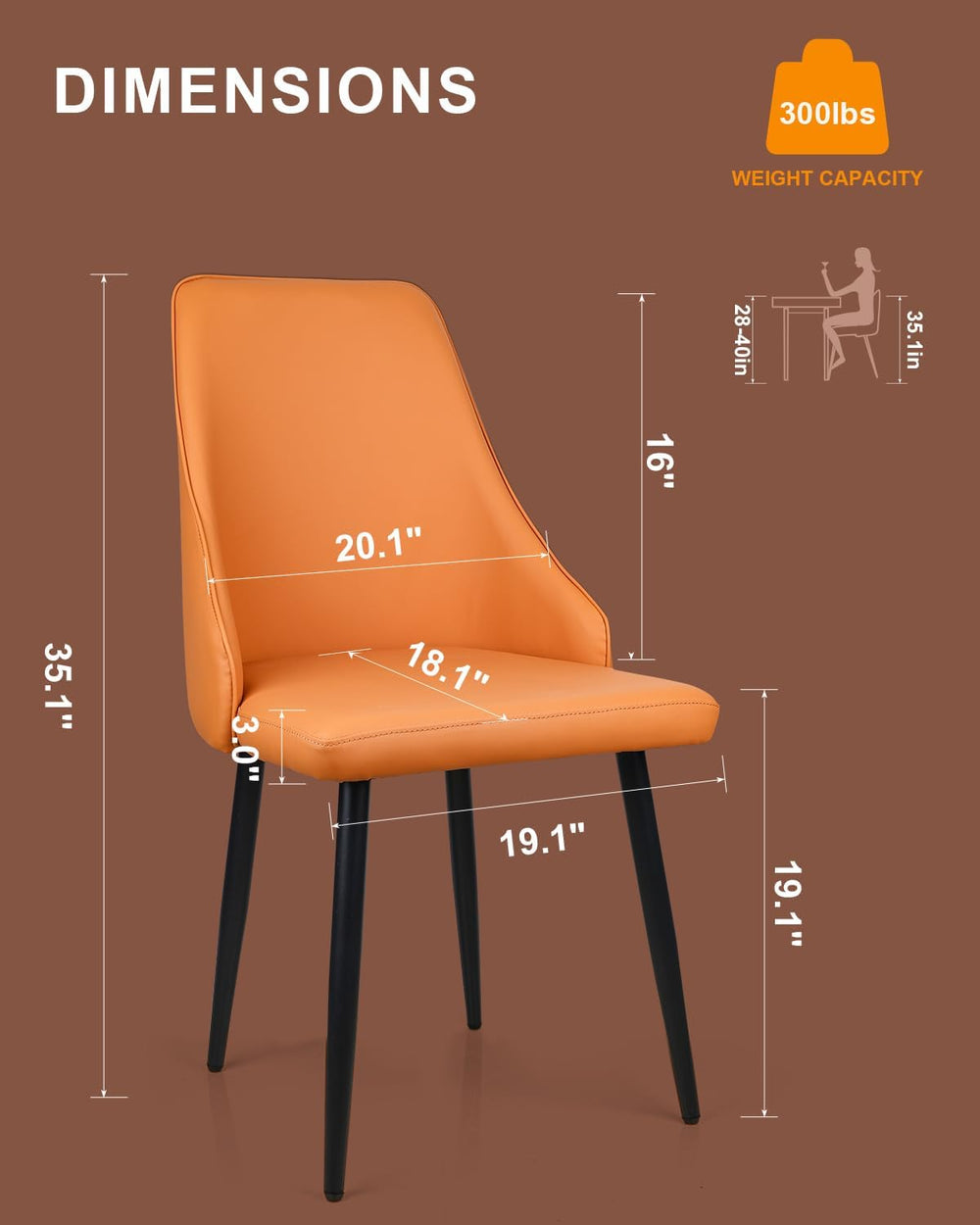 Mid-Century Modern Dining Chairs, Set of 2 Orange Leather Upholstered High Ba...
