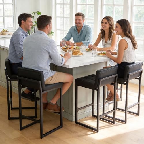 FIRAVOE Bar Stools Set of 4, PU Leather Counter Height Barstools with Low Bac...