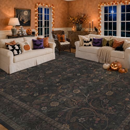 Washable 8x10 Area Rugs for Living Room, Black and Brown Halloween Rug for Be...