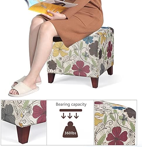 Adeco Floral Printed Linen Ottoman, 16.3" Upholstered Cube Foot Stool wi...