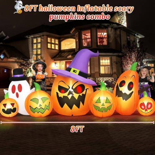 Danxilu 8FT Long Halloween Inflatables Pumpkin Witch Hat & Ghost Combo