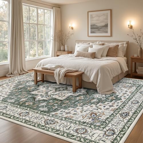 10x14 Area Rugs Living Room: Washable Rug for Bedroom Green Ivory