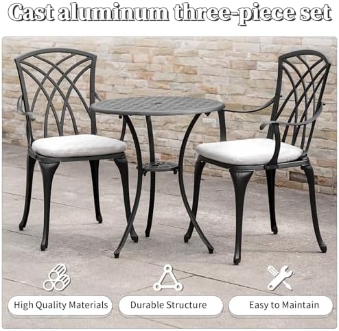3 Piece Patio Bistro Set with Cushions, Outdoor Bistro Table and Chairs Set o...