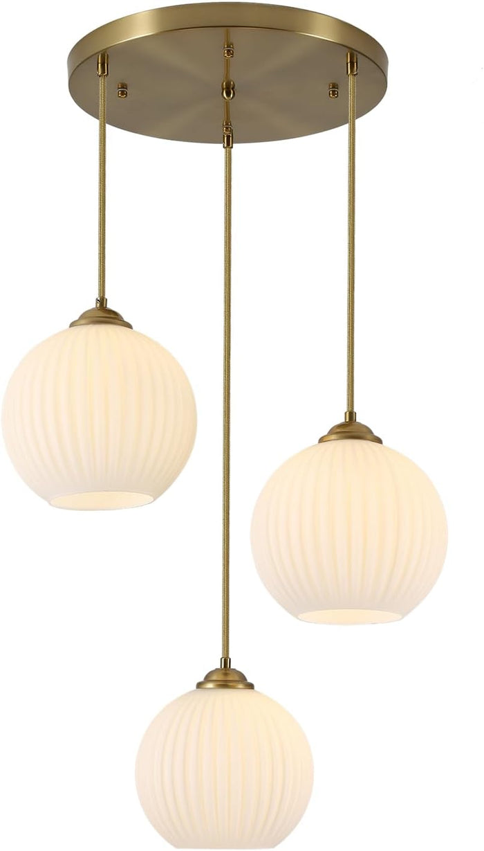 KCO Brushed Gold 3-Light Ribbed White Milk Glass Globe Cluster Chandelier