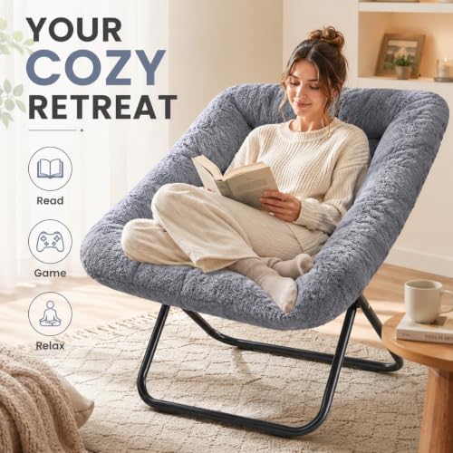 Simple Deluxe Oversized Square Moon Chair for Adults, Soft Faux Fur Folding L...