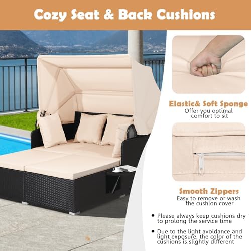 Moccha Outdoor Daybed with Retractable Canopy, Wicker Cabana with 2 Side Tabl...
