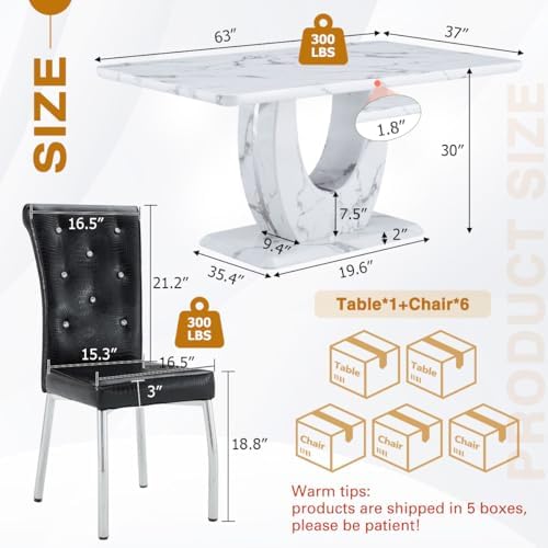 Modern Faux Marble Dining Table Set for 6, 63" White Rectangular Kitchen...