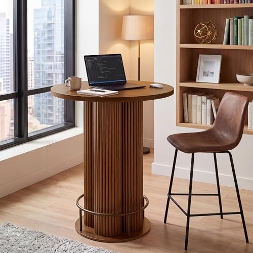 Round Bar Table 39.37" H Wood Fluted Bistro Pub Table (Walnut)
