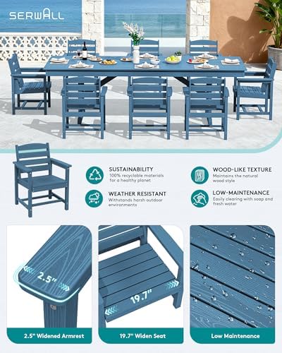 SERWALL 9Pcs 84" HDPE Outdoor Dining Set for 8 with Armchairs,Blue
