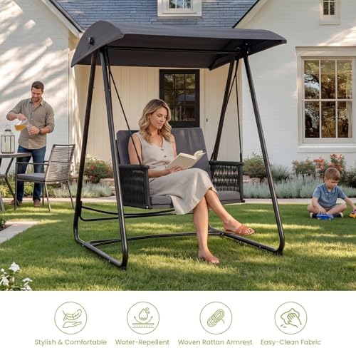 Porch Swing with Stand, Outdoor Swing with Canopy, All Weather Outdoor Swings...