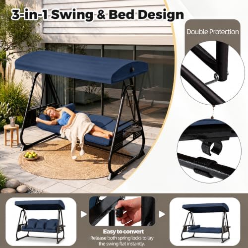 3 Seat Patio Swing Chair with Canopy,Outdoor Porch Swing with Thick Cushions,...