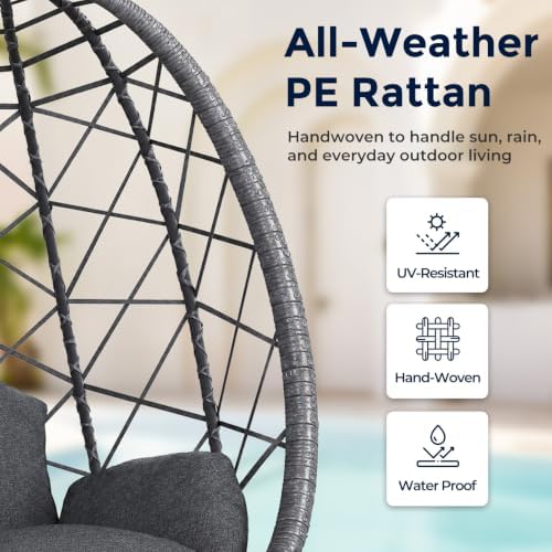 SWITTE Hanging Egg Chair with Stand Outdoor, Wicker Patio Swing, Grey