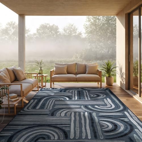 CAMILSON Indoor Outdoor Rug, Navy Blue 8x10 Geometric Arch Striped Area Rugs ...
