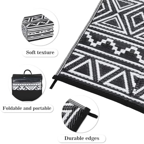 Garvee Outdoor Rug 9x18 Reversible Waterproof Rug for Patio Black/White