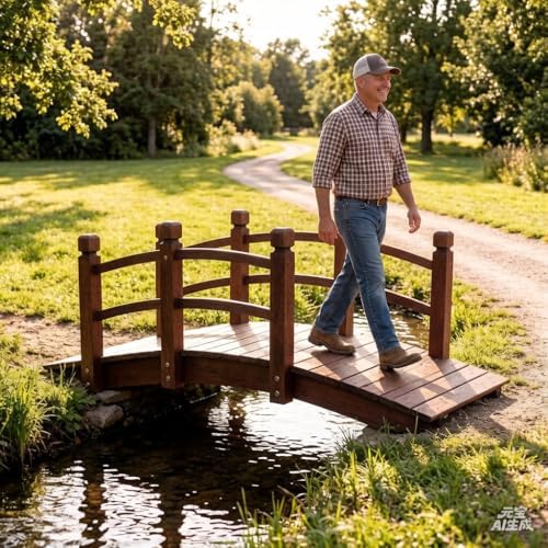 5FT Wooden Garden Bridge with Handrails, Decorative Landscape Footbridge for ...