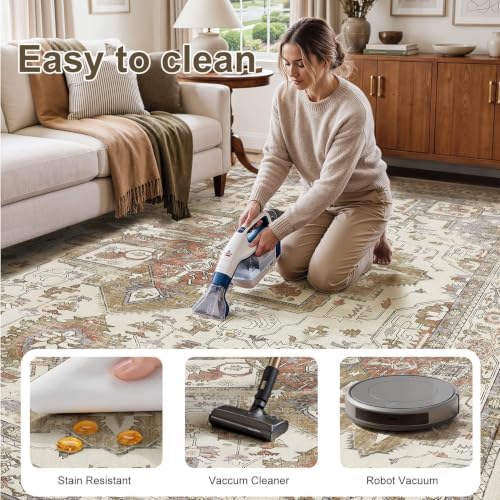 Vintage Washable 9x12 Area Rug for Living Room, Golden Taupe