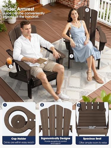 KINGYES Folding Adirondack Chair Set of 2 with Cup Holder, Coffee