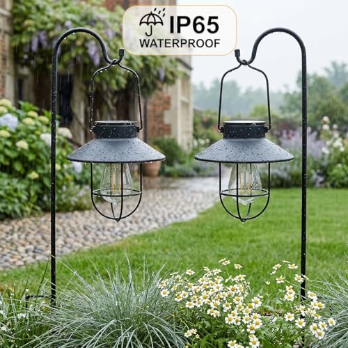 Solar Lantern Hanging Vintage Metal Light with Shepherd Hook