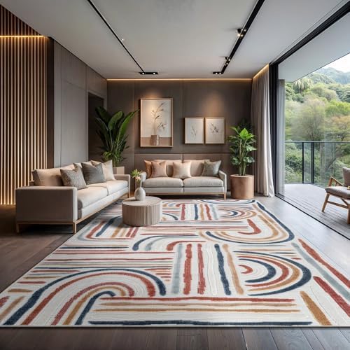 CAMILSON Indoor Outdoor Rug, Multicolor 10x14 Geometric Arch Striped Large Ar...