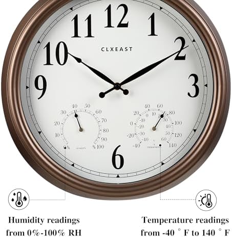 CLXEAST 18" Outdoor Clocks Waterproof with Temperature & Humidity,Brown