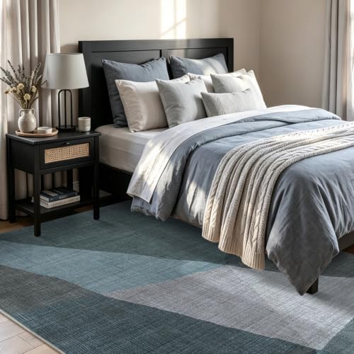 YIHOUSE Geometric Area Rug, Washable Non-Slip Low Pile, Blue, 5 x 7 ft