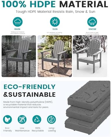 SERWALL HDPE Stackable Adirondack Chairs Set of 4,Space-Saving, Grey
