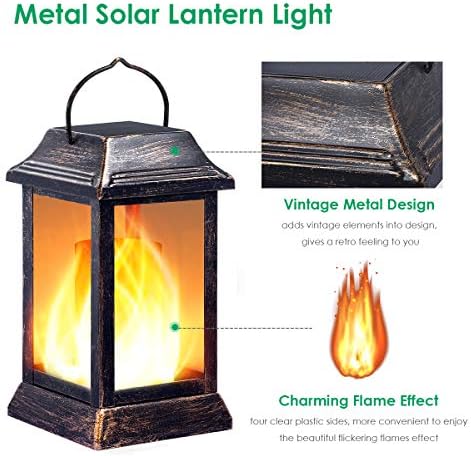TomCare Flickering Flame Solar Lights Outdoor Metal Hanging Lantern, 2 Pack