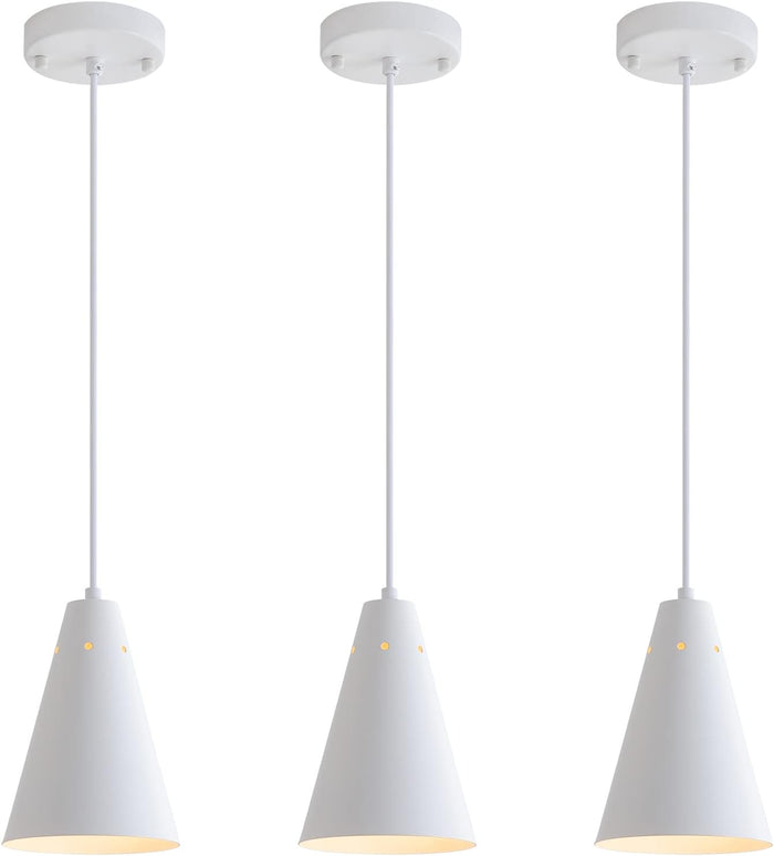 Dijiahua White Pendant Lights Kitchen Island,Dining Room Light Fixtures Over Table 3 Pack with Cone Metal Shade, Modern Farmhouse Mini Chandeliers,Adjustable Cord Hanging Lighting for Bar,Sink