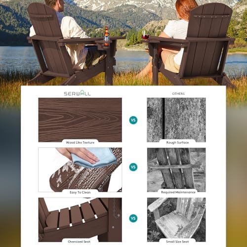 SERWALL Outdoor Adirondack Chair Set of 4 with Cup Holders,Foldable,Coffee